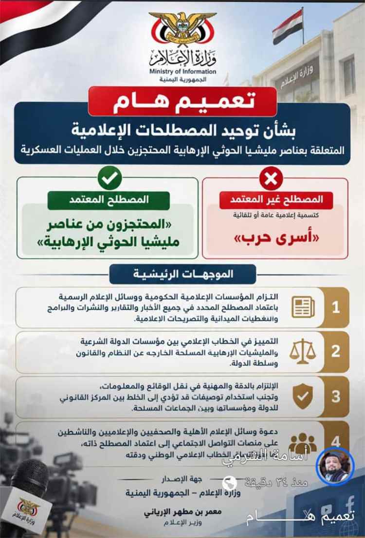 تعميم حكومي لوسائل الإعلام  الرسمية والخاصة إلى توحيد المصطلحات المتعلقة بمحتجزي المليشيات الحوثية